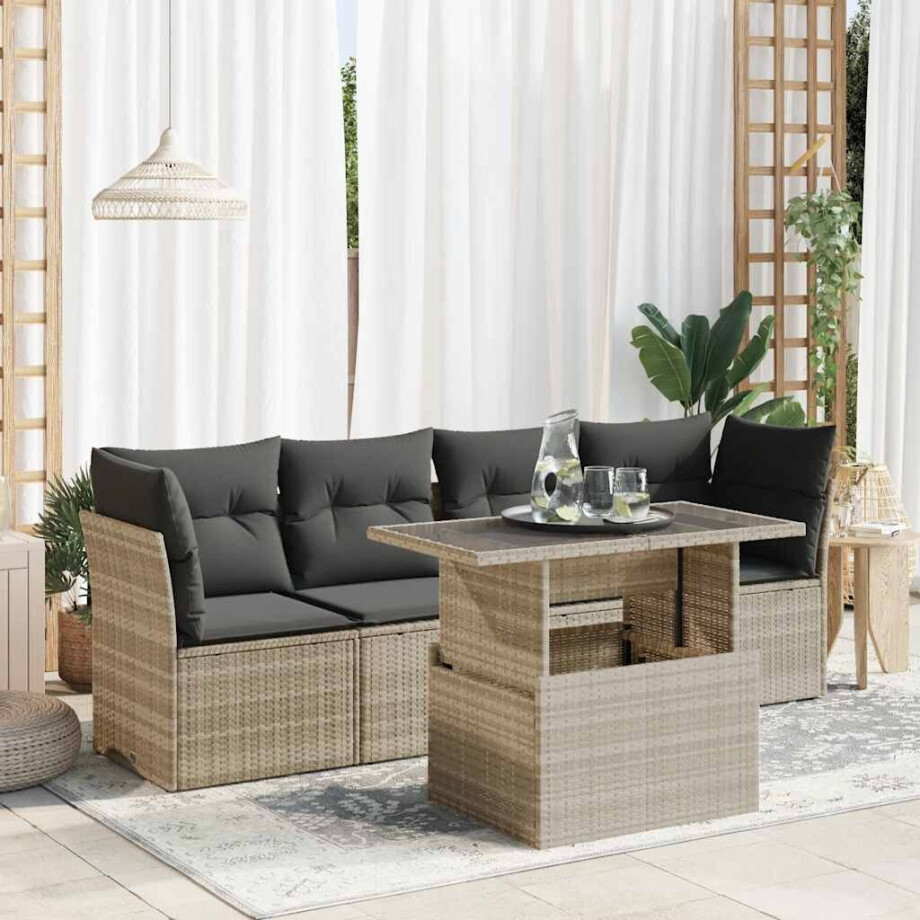 vidaXL 5-delige Loungeset met kussens poly rattan lichtgrijs afbeelding 1