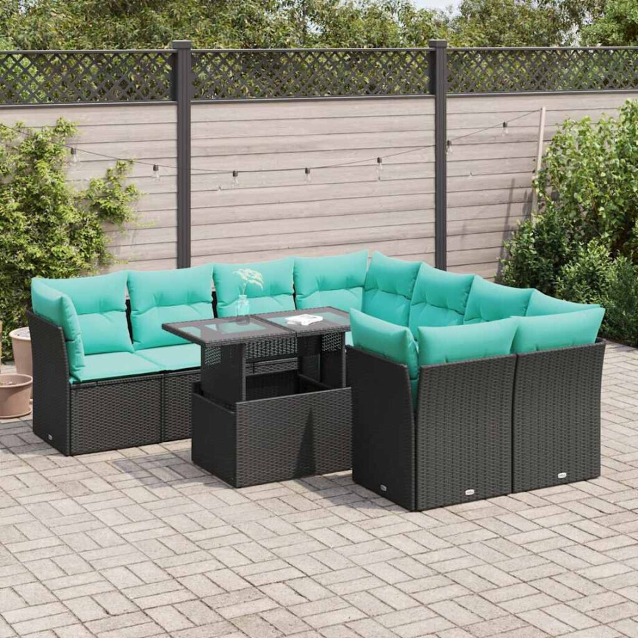vidaXL 9-delige Loungeset met kussens poly rattan acacia zwart afbeelding 1