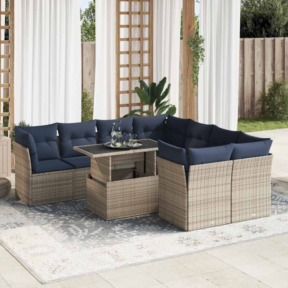 vidaXL 9-delige Loungeset met kussens poly rattan acacia grijs vidaXL 9-delige Loungeset met kussens poly rattan acacia grijs afbeelding 1