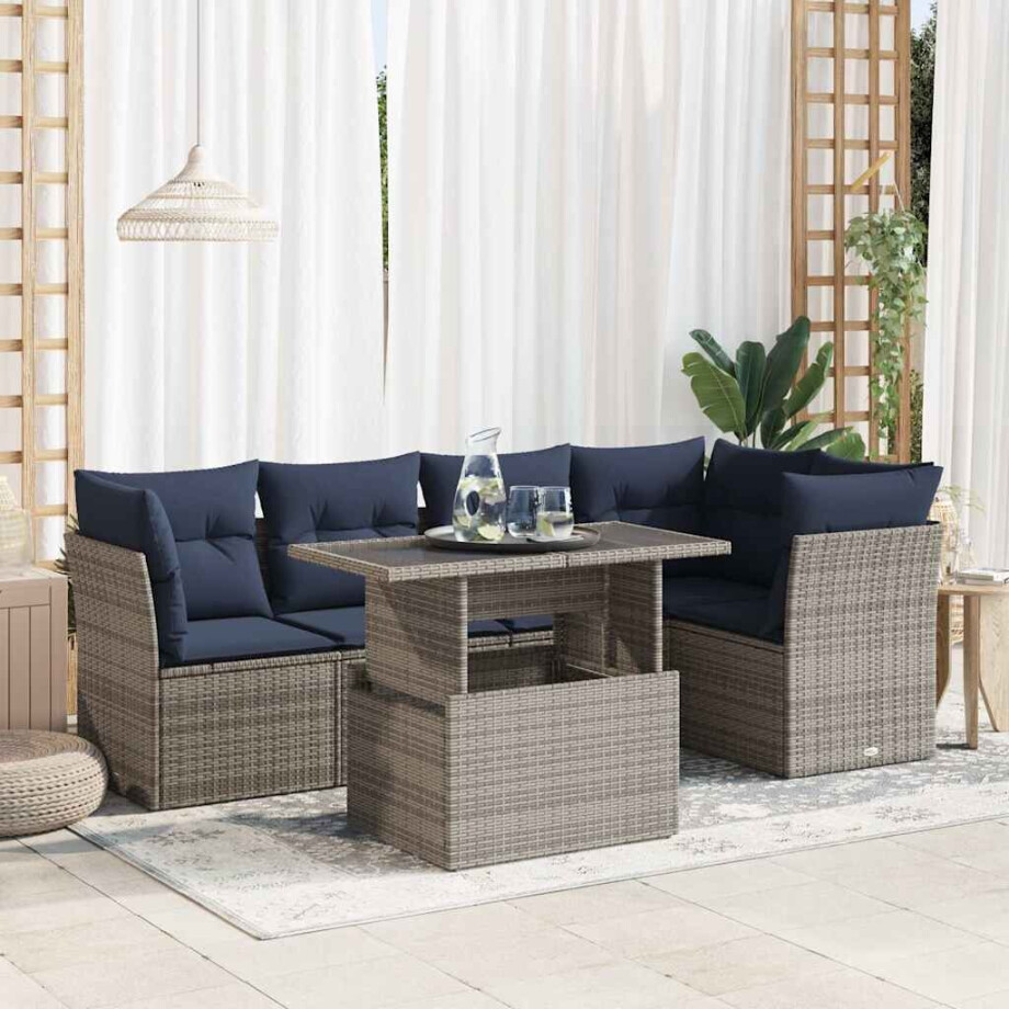 vidaXL 6-delige Loungeset met kussens poly rattan acacia grijs afbeelding 1