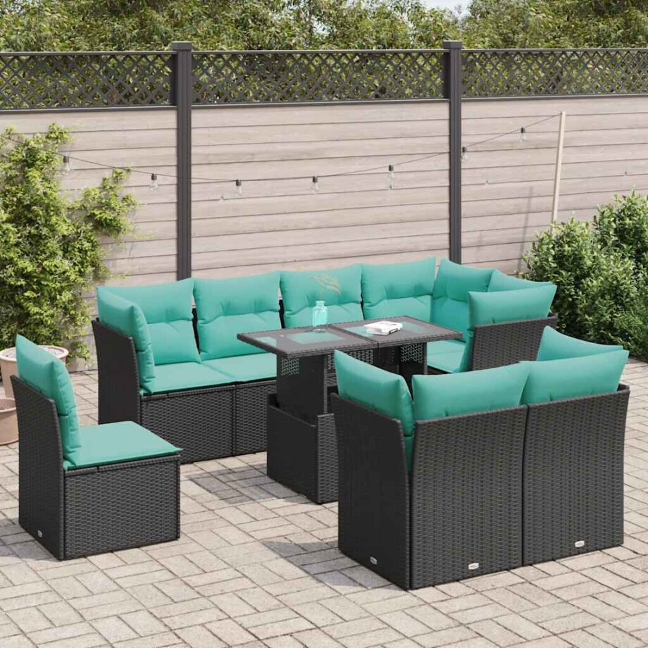vidaXL 9-delige Loungeset met kussens poly rattan acacia zwart afbeelding 1