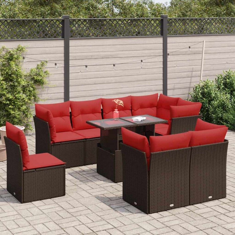 vidaXL 9-delige Loungeset met kussens poly rattan acacia bruin afbeelding 1