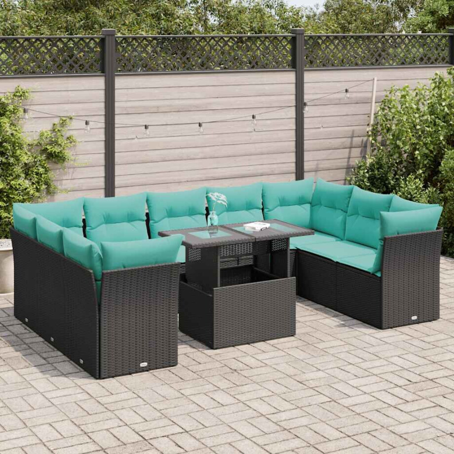 vidaXL 10-delige Loungeset met kussens poly rattan acacia zwart afbeelding 1