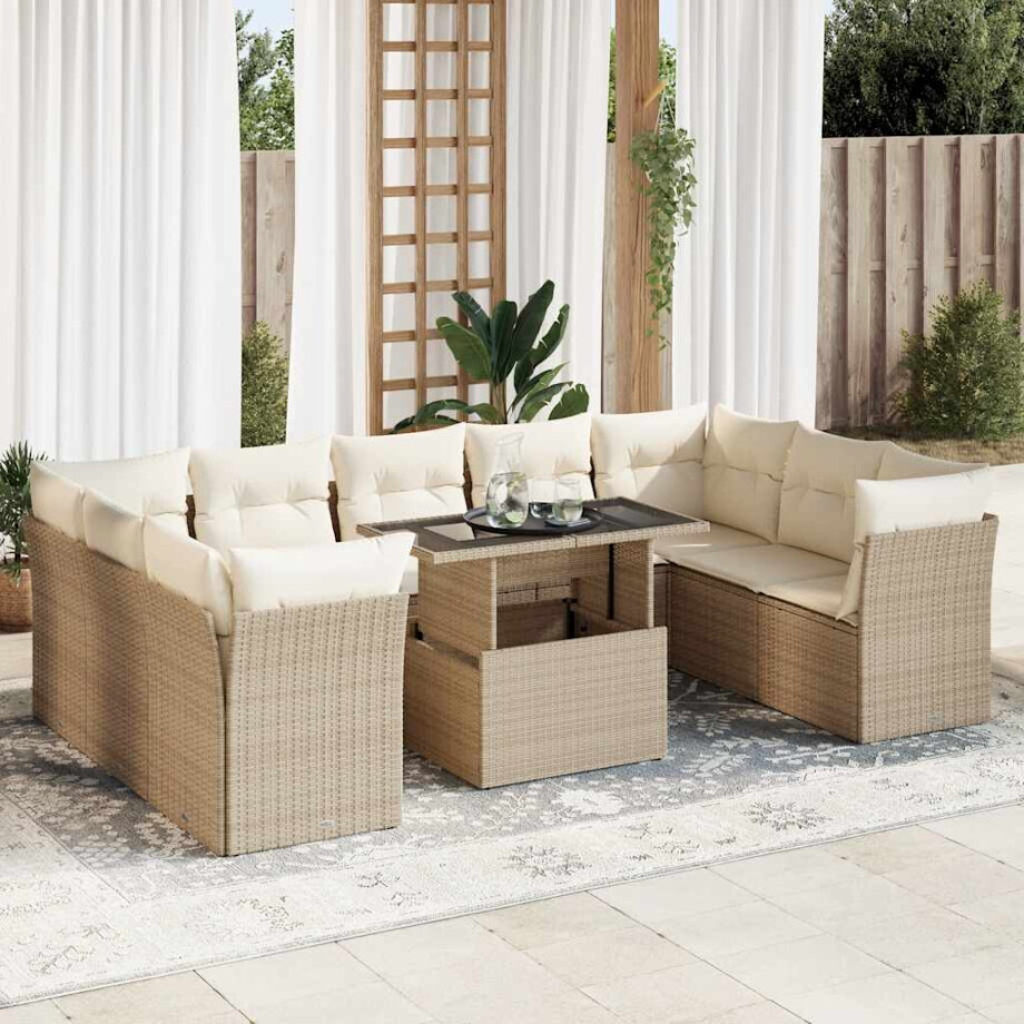 vidaXL 10-delige Loungeset met kussens poly rattan beige afbeelding 1