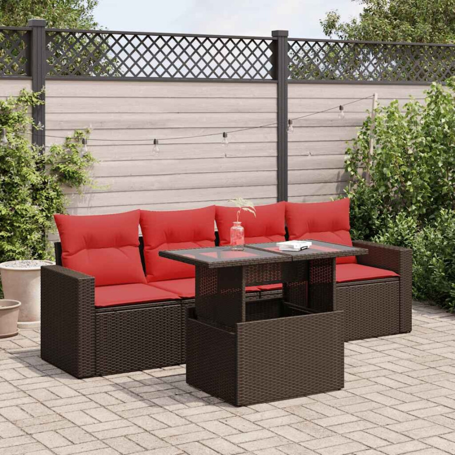 vidaXL 5-delige Loungeset met kussens poly rattan acacia bruin afbeelding 1