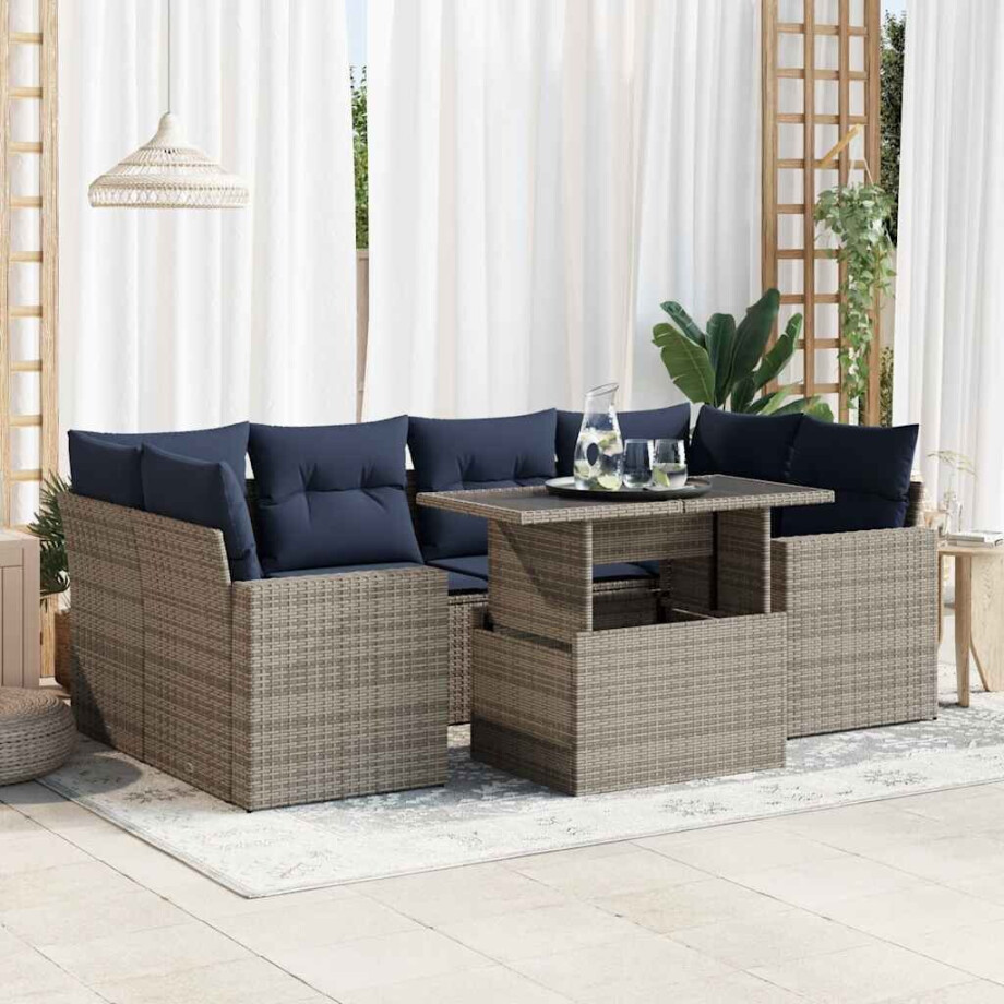 vidaXL 7-delige Loungeset met kussens poly rattan acacia grijs afbeelding 1