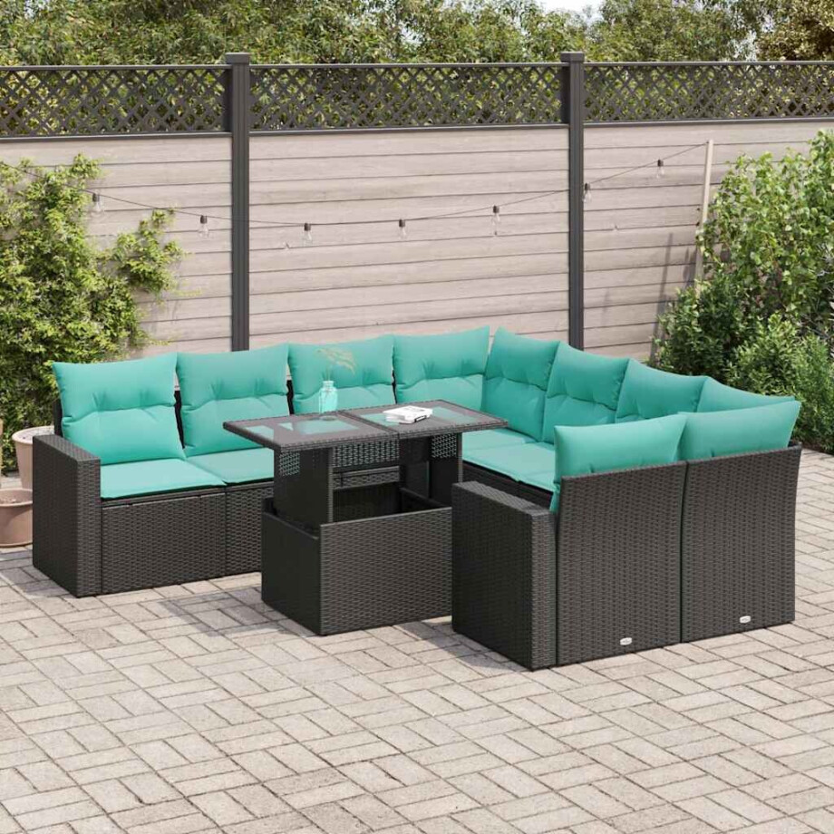 vidaXL 9-delige Loungeset met kussens poly rattan acacia zwart afbeelding 1