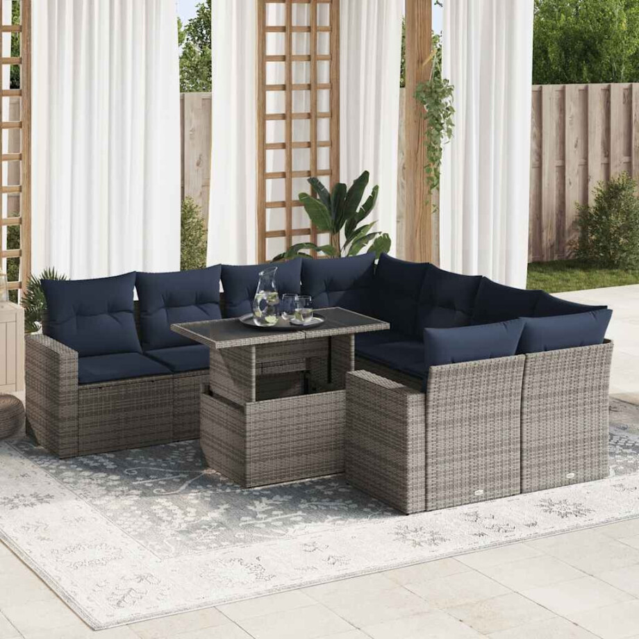vidaXL 9-delige Loungeset met kussens poly rattan acacia grijs afbeelding 1