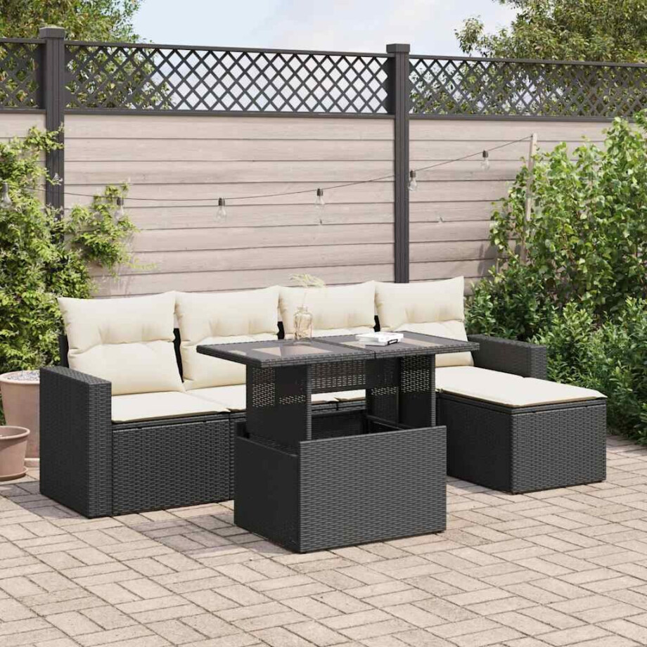 vidaXL 6-delige Loungeset met kussens poly rattan zwart afbeelding 1