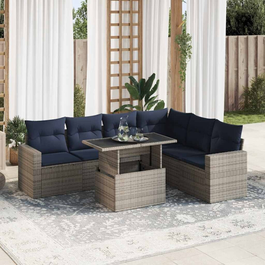 vidaXL 7-delige Loungeset met kussens poly rattan acacia zwart afbeelding 1