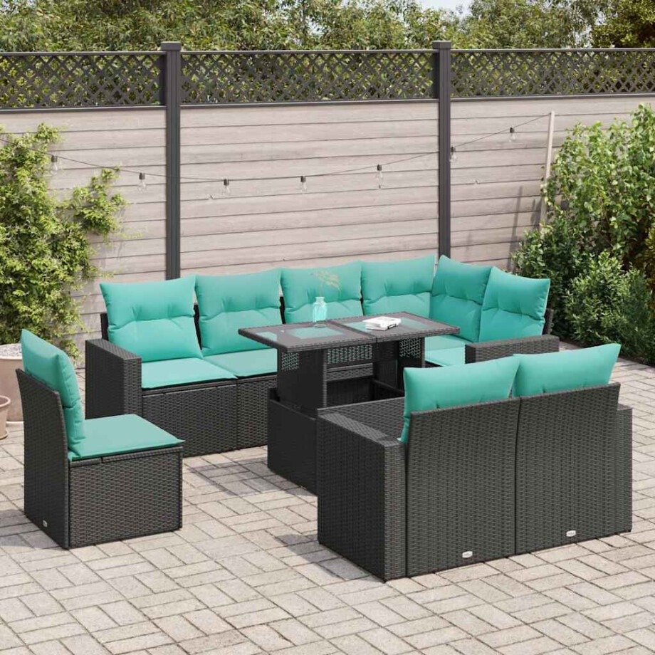 vidaXL 9-delige Loungeset met kussens poly rattan acacia zwart afbeelding 1