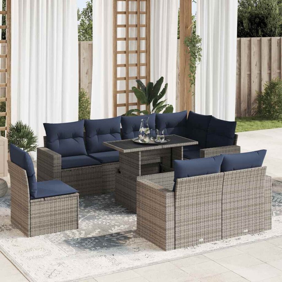 vidaXL 9-delige Loungeset met kussens poly rattan acacia grijs afbeelding 1