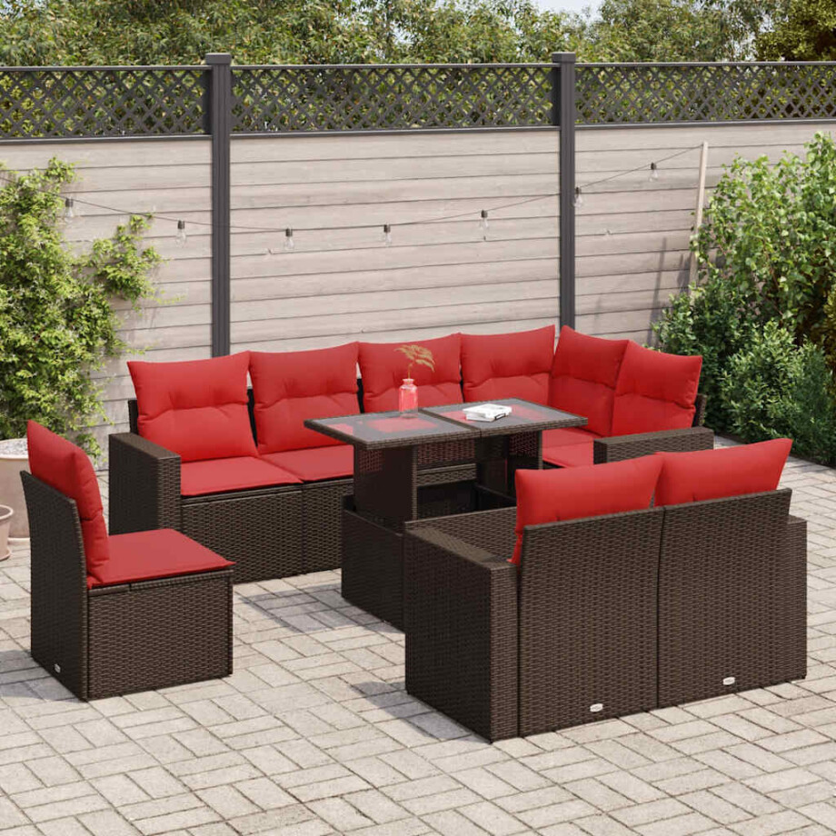 vidaXL 9-delige Loungeset met kussens poly rattan acacia bruin afbeelding 1