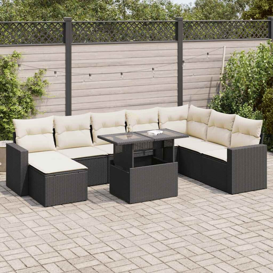 vidaXL 9-delige Loungeset met kussens poly rattan zwart vidaXL 9-delige Loungeset met kussens poly rattan zwart afbeelding 1