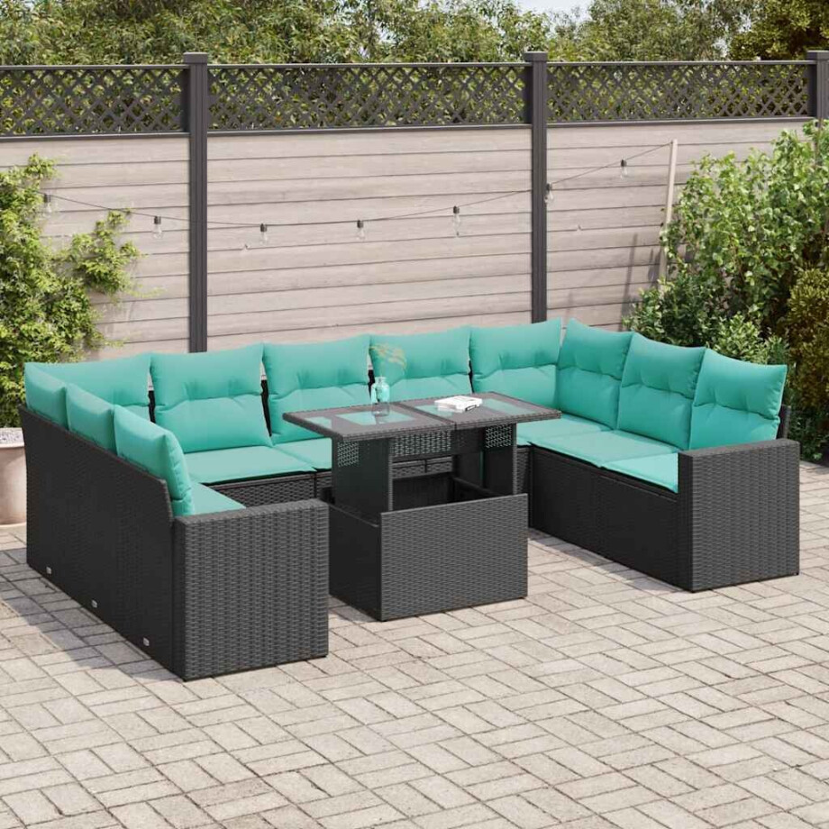 vidaXL 10-delige Loungeset met kussens poly rattan acacia zwart afbeelding 1