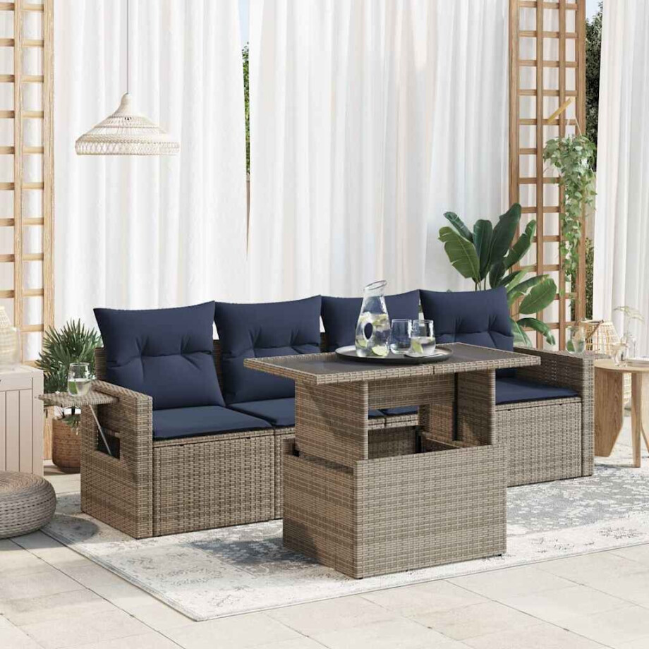 vidaXL 5-delige Loungeset met kussens poly rattan grijs afbeelding 1