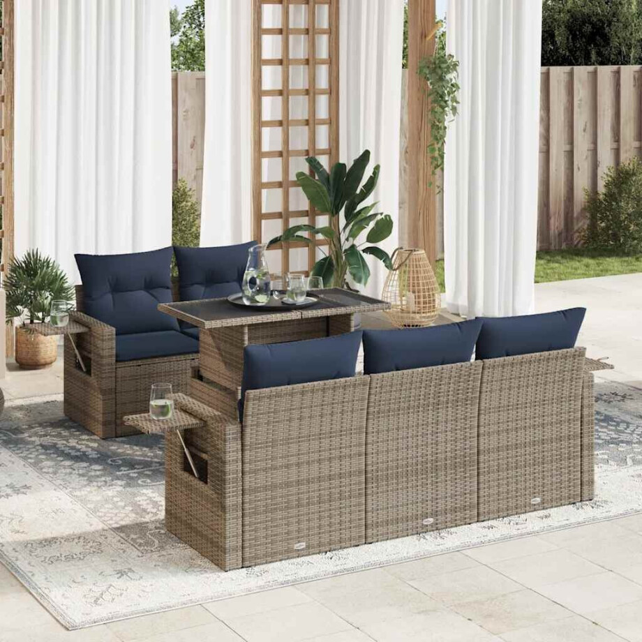 vidaXL 6-delige Loungeset met kussens poly rattan grijs afbeelding 1