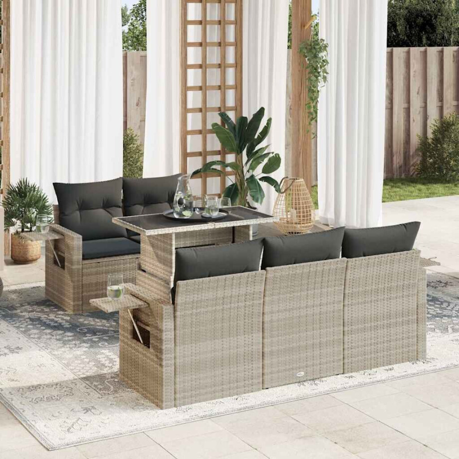vidaXL 6-delige Loungeset met kussens poly rattan lichtgrijs afbeelding 1