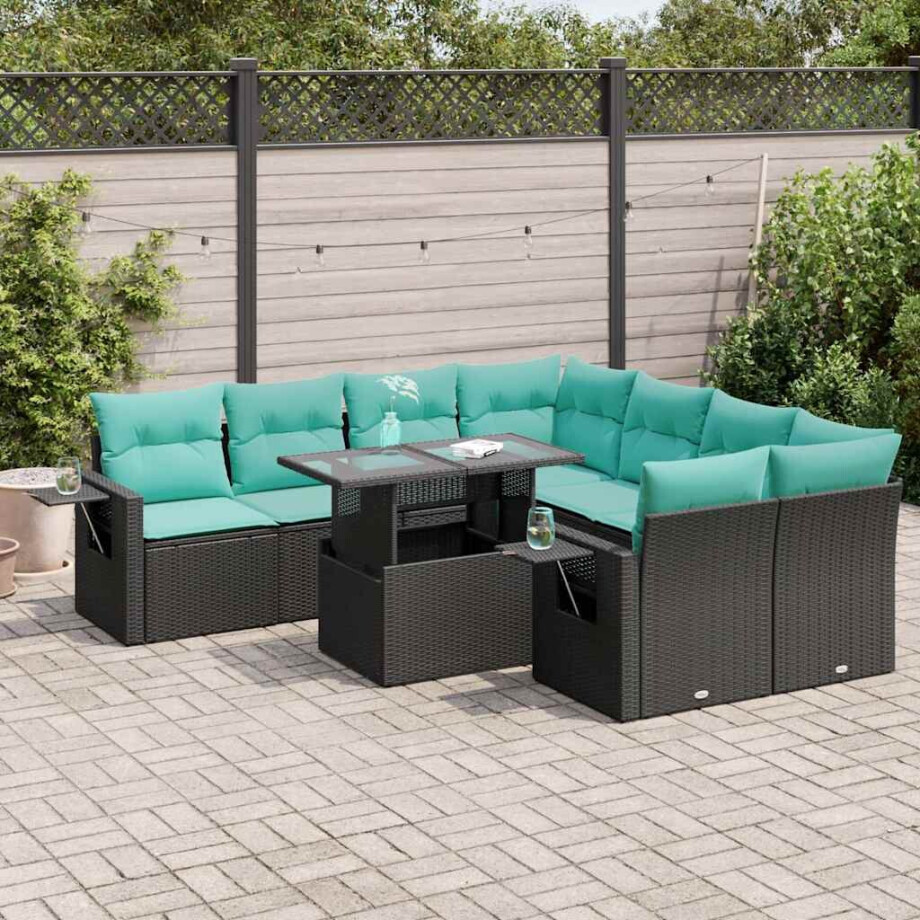 vidaXL 9-delige Loungeset met kussens poly rattan acacia zwart afbeelding 1