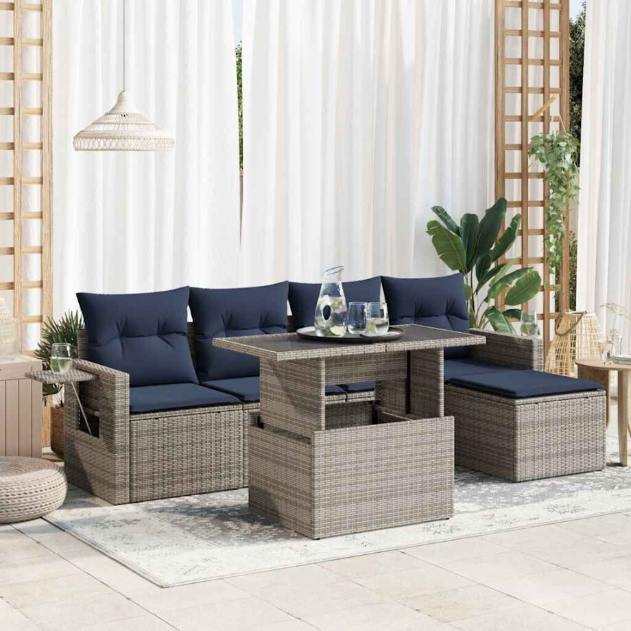 vidaXL 6-delige Loungeset met kussens poly rattan acacia grijs afbeelding 1