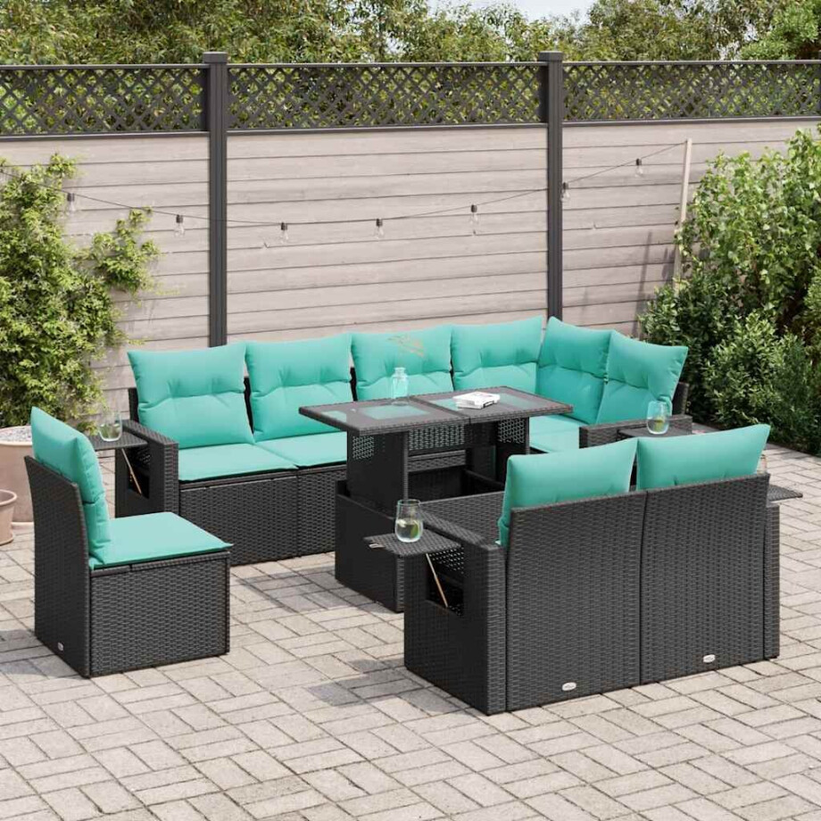 vidaXL 9-delige Loungeset met kussens poly rattan acacia zwart afbeelding 1