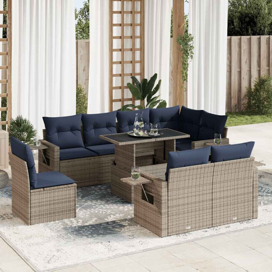 vidaXL 9-delige Loungeset met kussens poly rattan grijs afbeelding 1