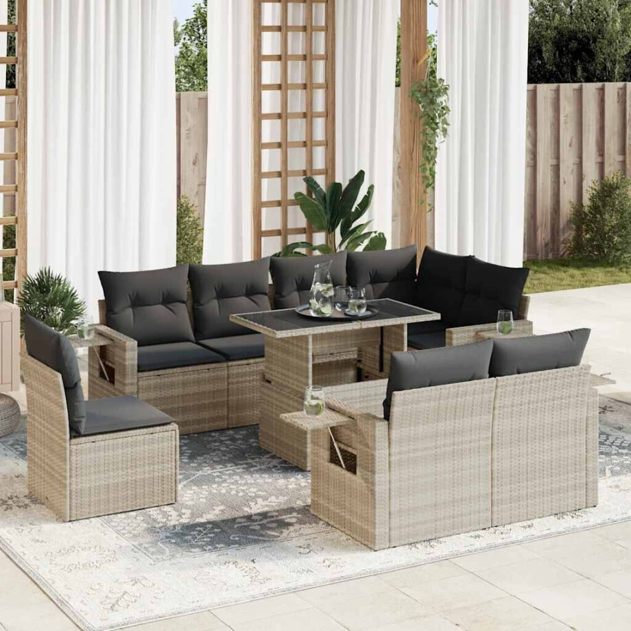 vidaXL 9-delige Loungeset met kussens poly rattan lichtgrijs vidaXL 9-delige Loungeset met kussens poly rattan lichtgrijs afbeelding 1