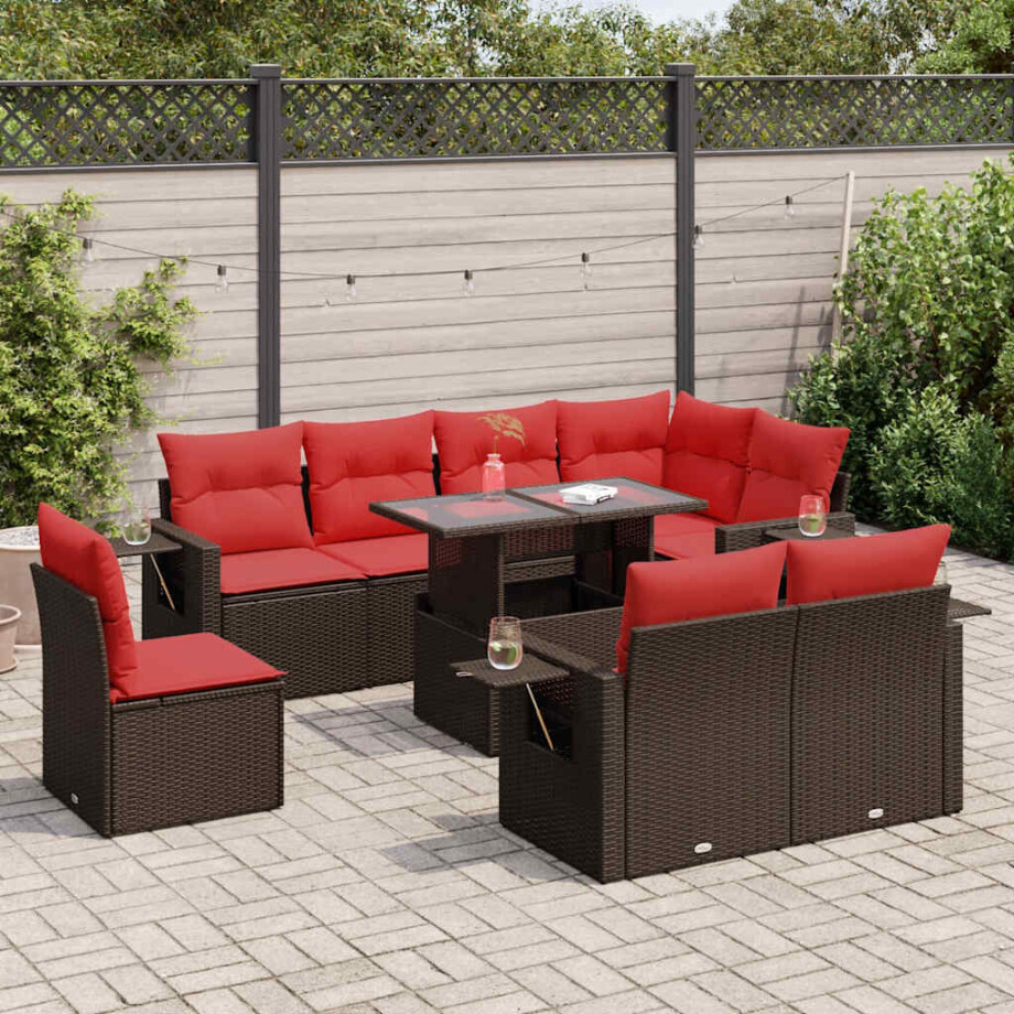 vidaXL 9-delige Loungeset met kussens poly rattan acacia bruin afbeelding 1