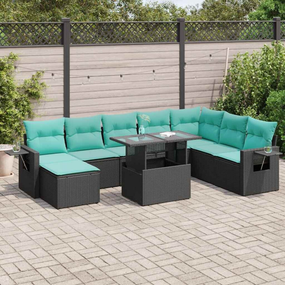 vidaXL 9-delige tuinbankset met kussens, zwart polyrotan en acacia afbeelding 1