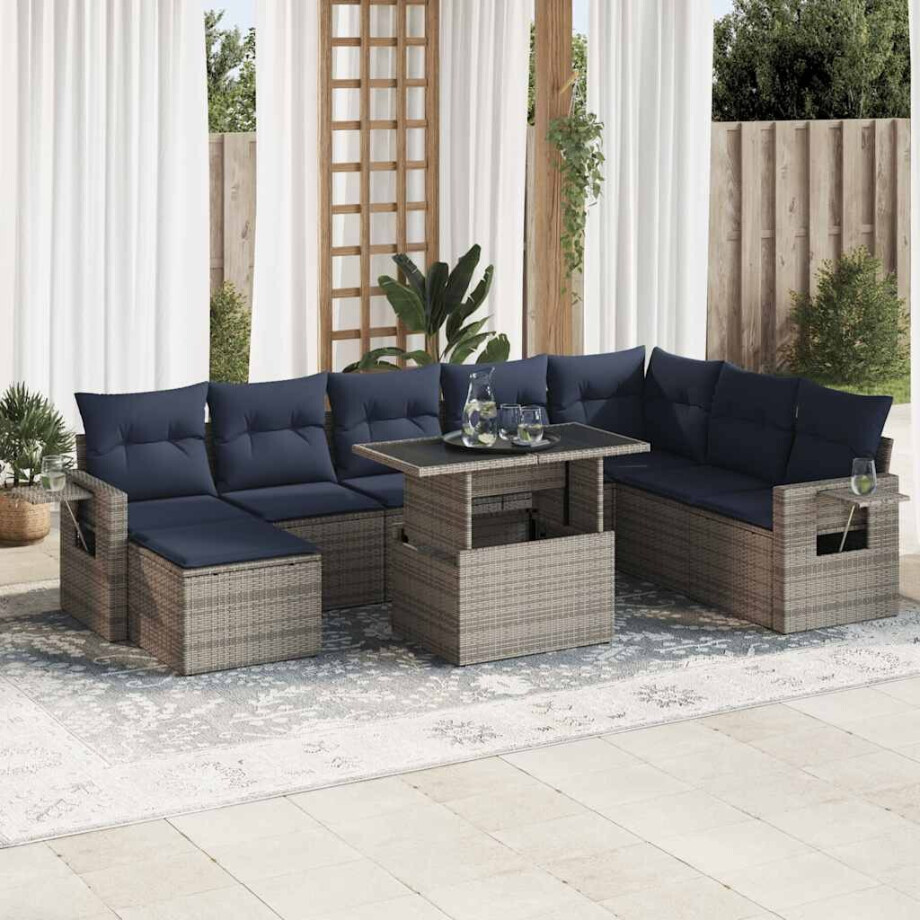 vidaXL 9-delige Loungeset met kussens poly rattan acacia grijs vidaXL 9-delige Loungeset met kussens poly rattan acacia grijs afbeelding 1