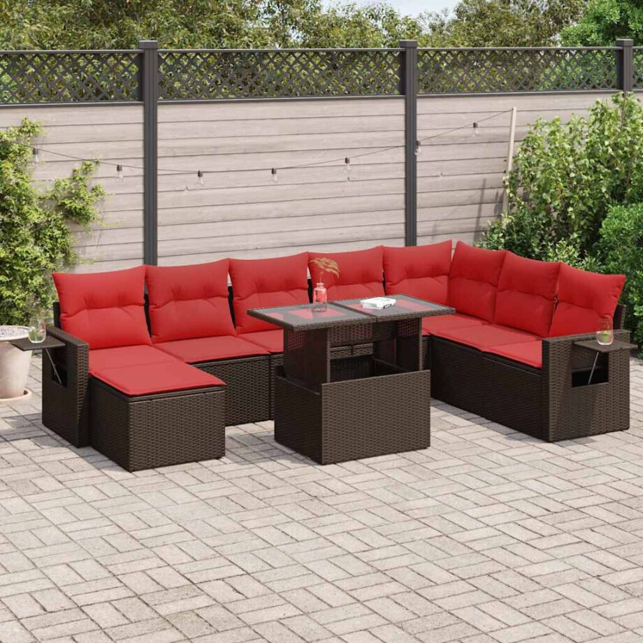 vidaXL 9-delige Loungeset met kussens poly rattan acacia bruin afbeelding 1