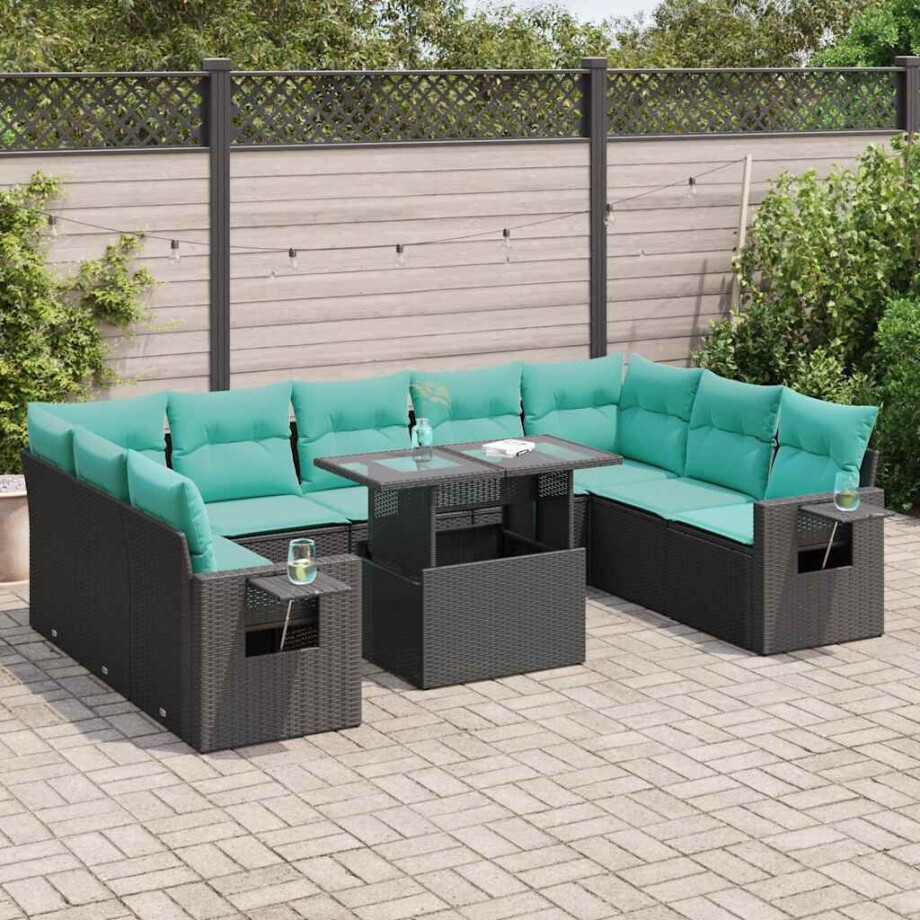 vidaXL 10-delige Loungeset met kussens poly rattan acacia zwart afbeelding 1