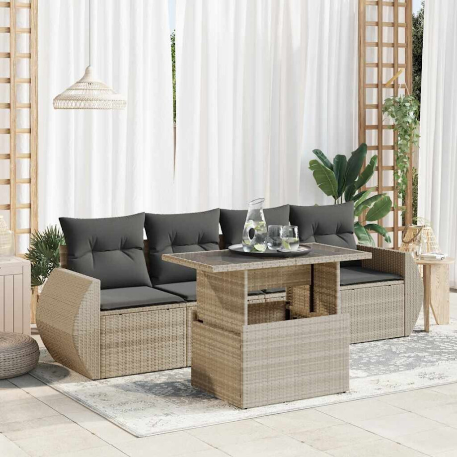 vidaXL 5-delige Loungeset met kussens poly rattan lichtgrijs vidaXL 5-delige Loungeset met kussens poly rattan lichtgrijs afbeelding 1
