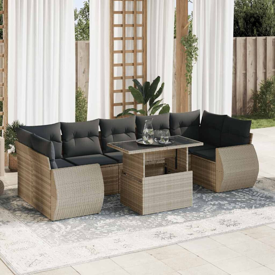 vidaXL 8-delige Loungeset met kussens poly rattan lichtgrijs afbeelding 1