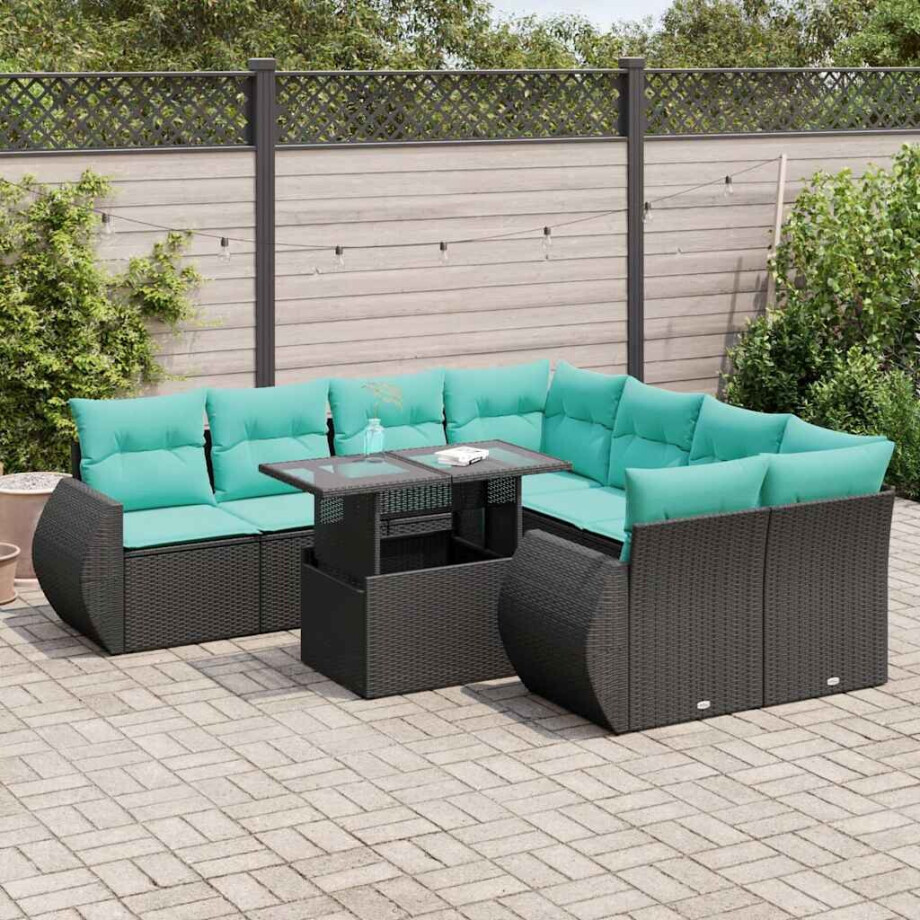 vidaXL 9-delige Loungeset met kussens poly rattan acacia zwart afbeelding 1