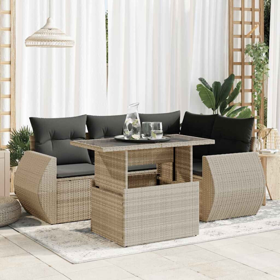 vidaXL 5-delige Loungeset met kussens poly rattan lichtgrijs afbeelding 1