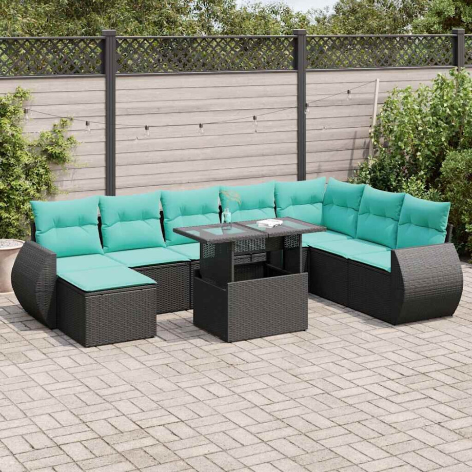 vidaXL 9-delige Loungeset met kussens poly rattan acacia zwart afbeelding 1