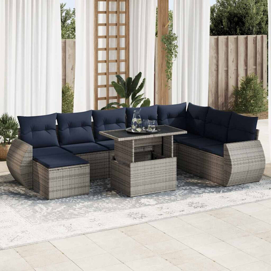 vidaXL 9-delige Loungeset met kussens poly rattan acacia grijs afbeelding 1