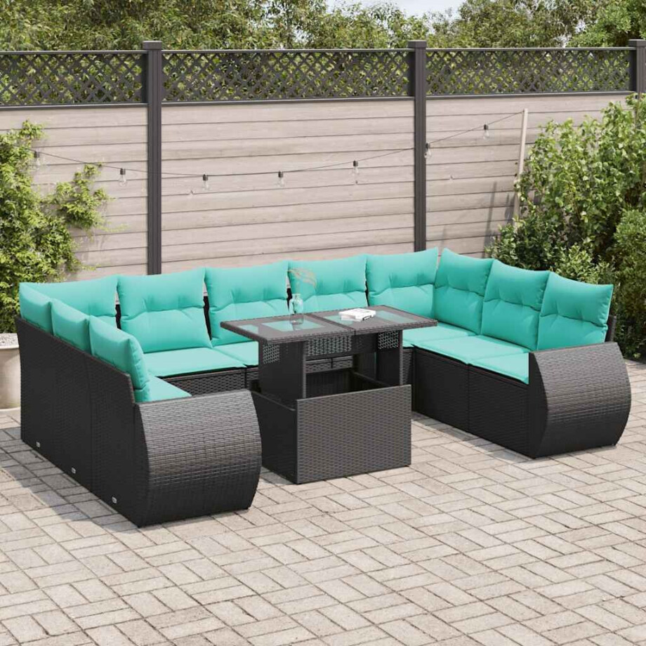 vidaXL 10-delige Loungeset met kussens poly rattan acacia zwart afbeelding 1