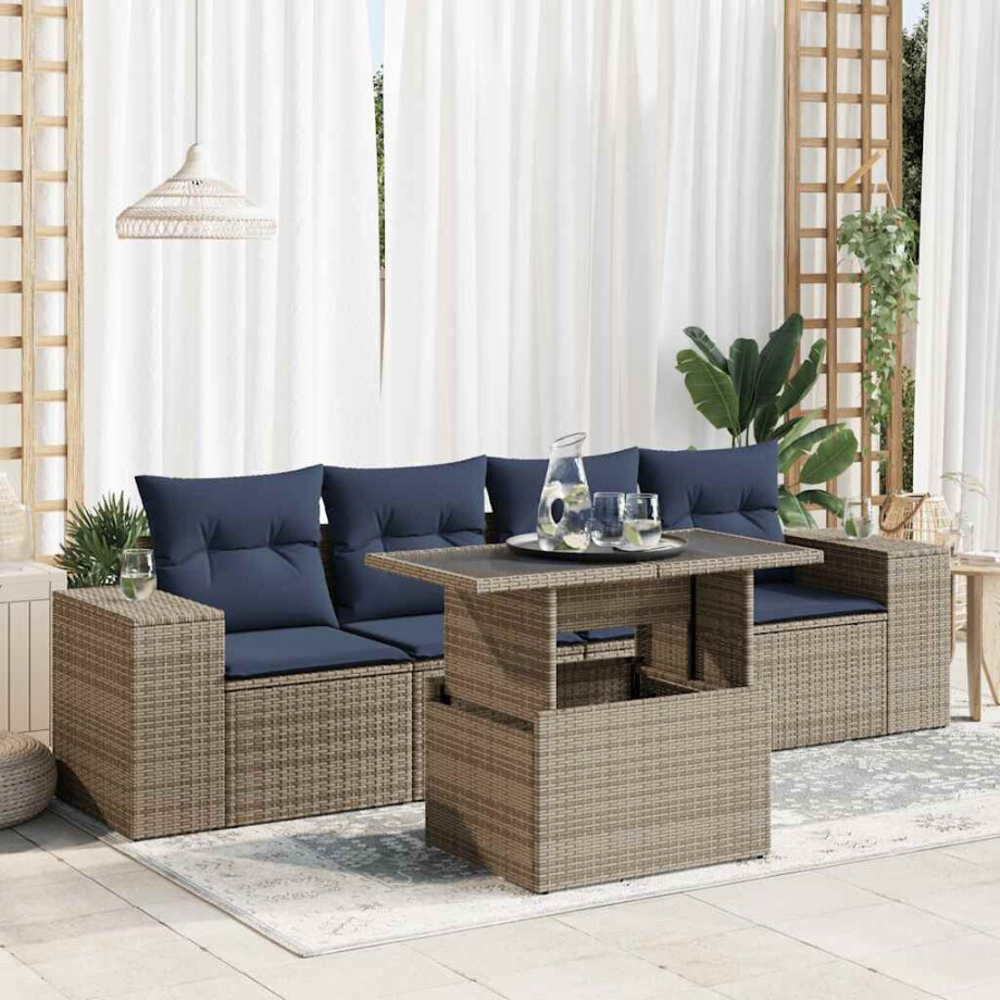 vidaXL 5-delige Loungeset met kussens poly rattan acacia grijs afbeelding 1