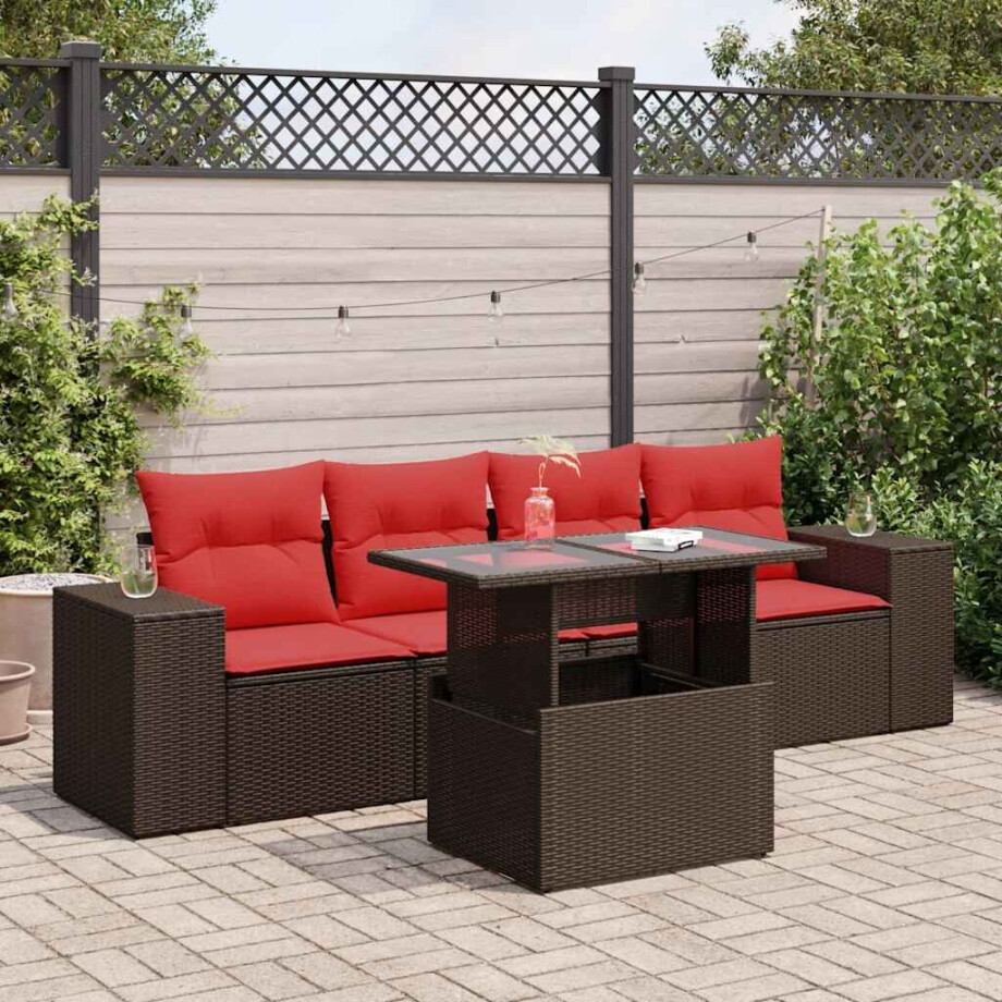 vidaXL 5-delige Loungeset met kussens poly rattan acacia bruin afbeelding 1