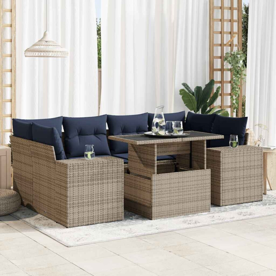 vidaXL 7-delige Loungeset met kussens poly rattan acacia grijs afbeelding 1