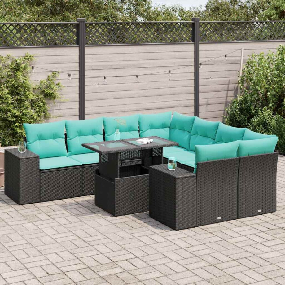vidaXL 9-delige Loungeset met kussens poly rattan acacia zwart afbeelding 1