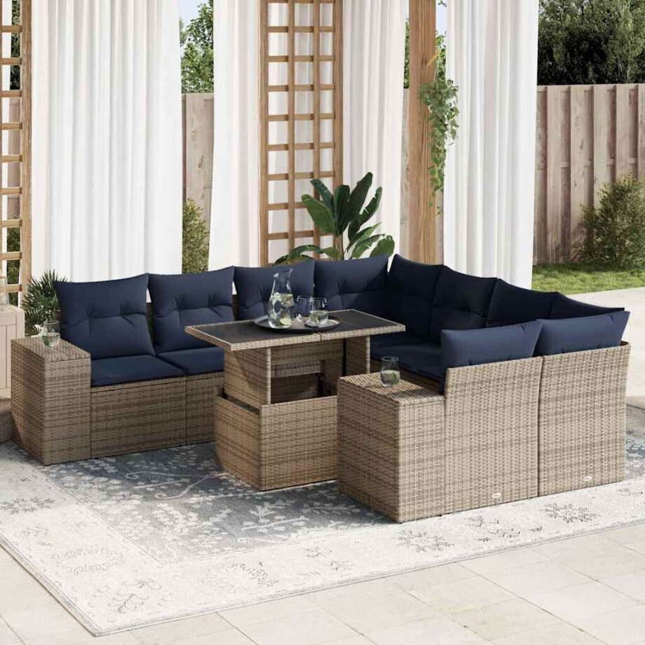 vidaXL 9-delige Loungeset met kussens poly rattan acacia grijs vidaXL 9-delige Loungeset met kussens poly rattan acacia grijs afbeelding 1
