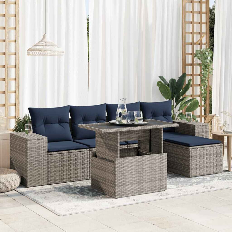 vidaXL 6-delige Loungeset met kussens poly rattan acacia grijs afbeelding 1