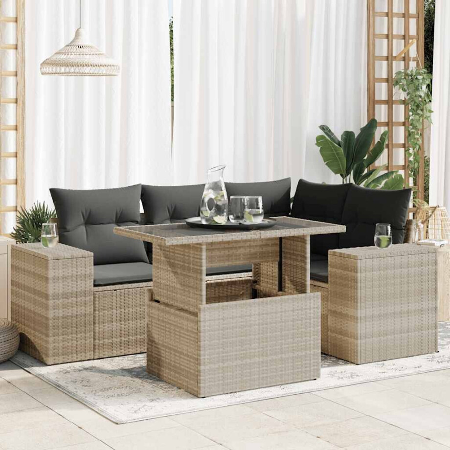 vidaXL 5-delige Loungeset met kussens poly rattan lichtgrijs afbeelding 1