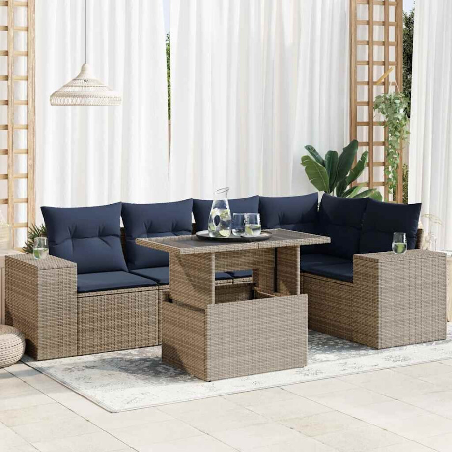 vidaXL 6-delige Loungeset met kussens poly rattan acacia zwart afbeelding 1