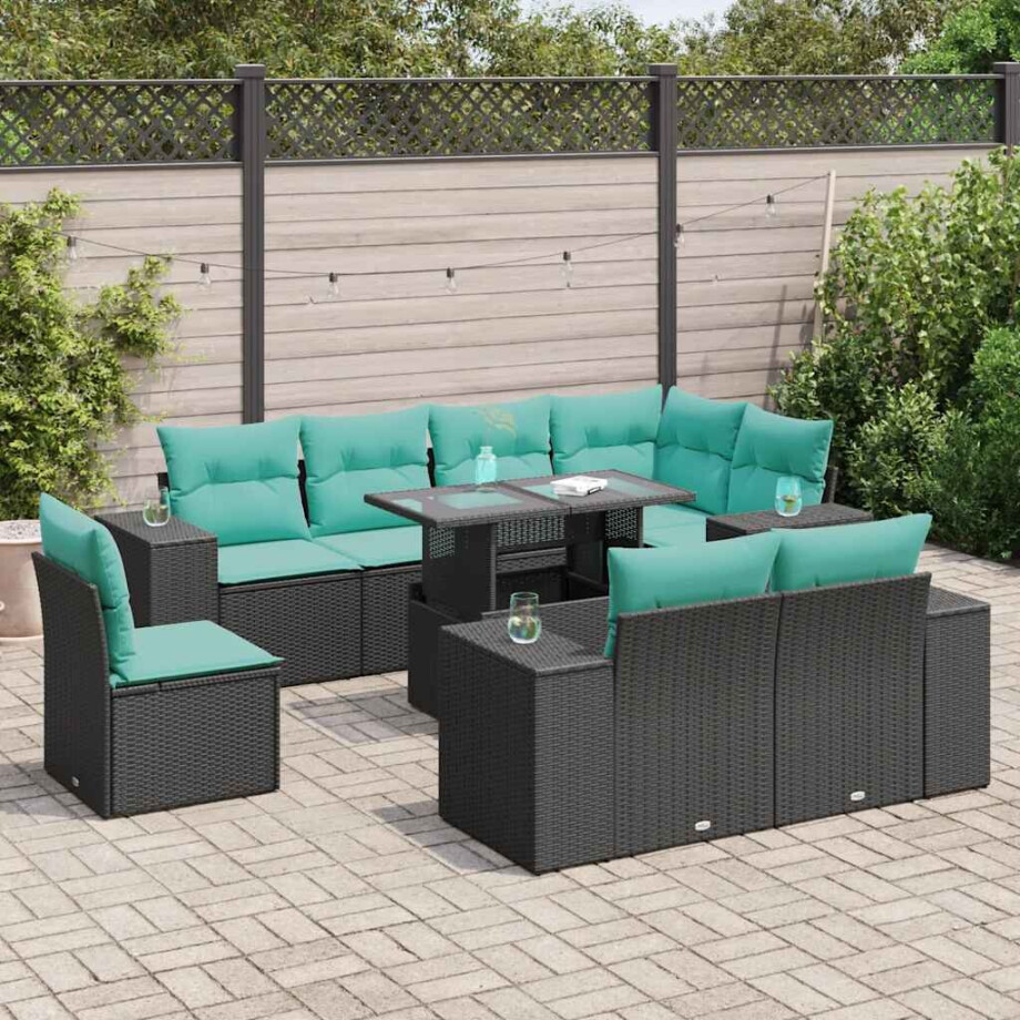 vidaXL 9-delige Loungeset met kussens poly rattan acacia zwart afbeelding 1