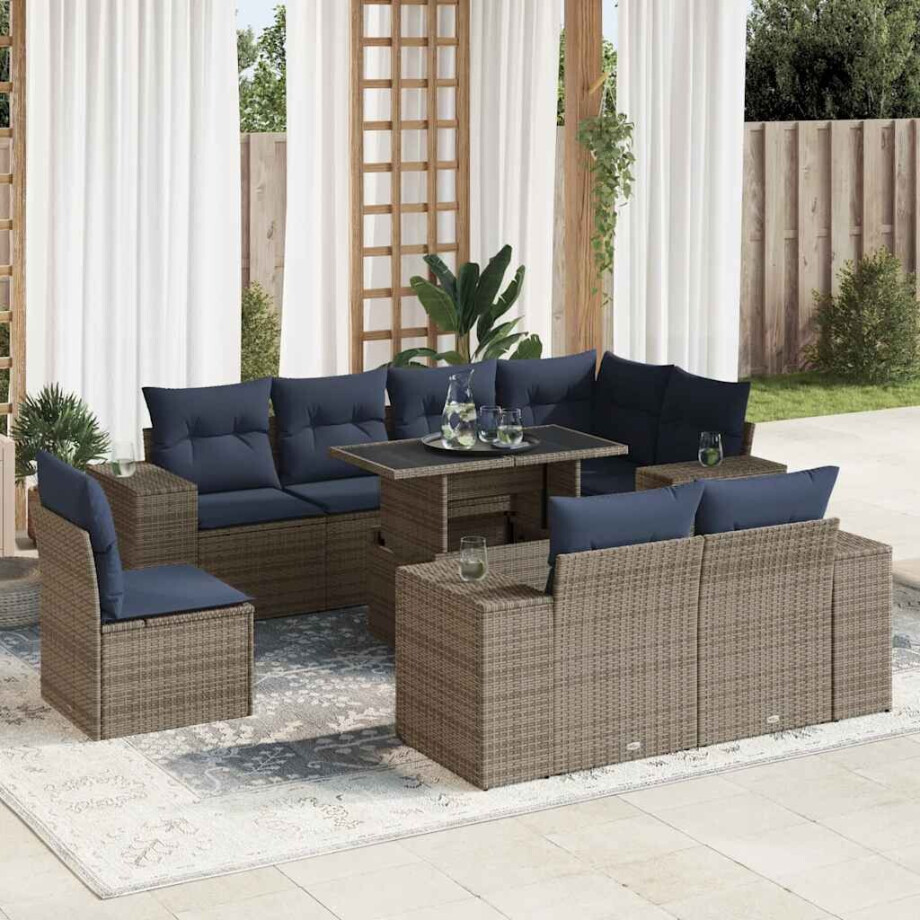 vidaXL 9-delige Loungeset met kussens poly rattan acacia grijs afbeelding 1