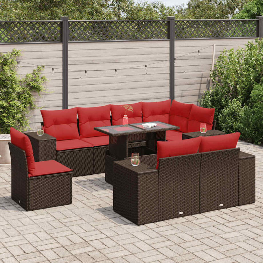 vidaXL 9-delige Loungeset met kussens poly rattan acacia bruin afbeelding 1